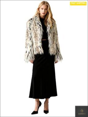 Faux Fur Winter Coat Open Front Long Sleeve Mixed Print Coat with Pockets